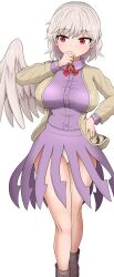 Rule 34 | 1girl, :&lt;, angel wings, boots, bow, bowtie, braid, breasts, brooch, chups, covering own mouth, dress, facing viewer, feathered wings, feet out of frame, female focus, fingernails, french braid, grey hair, hand on own hip, hand up, highres, jacket, jewelry, kishin sagume, large breasts, long sleeves, looking to the side, open clothes, panties, purple dress, red bow, red bowtie, red eyes, short hair, single wing, solo, standing, touhou, underwear, white wings, wing collar, wings