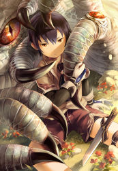 Rule 34 | 1boy, arm support, artist name, claws, dragon, fantasy, flower, gloves, grass, highres, jewelry, looking at viewer, male focus, noeyebrow (mauve), original, outdoors, ring, shorts, sitting, solo focus, sword, weapon, western dragon