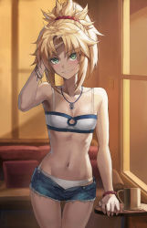 Rule 34 | 1girl, bad id, bad twitter id, bandeau, bare shoulders, bead bracelet, beads, blonde hair, blue shorts, bracelet, breasts, collarbone, commentary request, denim, denim shorts, fate/apocrypha, fate (series), green eyes, grin, hair ornament, hair scrunchie, highres, jewelry, long hair, looking at viewer, mordred (fate), mordred (fate/apocrypha), mordred (memories at trifas) (fate), navel, necklace, open fly, pants, parted bangs, pendant, ponytail, red scrunchie, scrunchie, short shorts, shorts, sidelocks, small breasts, smile, solo, tonee, torn clothes, torn pants
