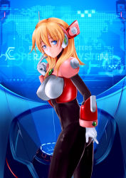 Rule 34 | 1girl, alia (mega man), android, blonde hair, blue eyes, breasts, cowboy shot, framed breasts, gloves, hand on own ass, highres, index finger raised, large breasts, long hair, robot ears, solo, white gloves