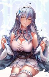 Rule 34 | 1girl, absurdres, ahoge, bare shoulders, blouse, blue bow, blue bowtie, blue hair, blue jacket, bow, bowtie, breasts, cleavage, cleavage cutout, clothing cutout, corset, cowboy shot, elf, flower, frilled skirt, frilled thighhighs, frills, fur-trimmed jacket, fur trim, hair between eyes, hair flower, hair ornament, half updo, hat, heart, heart ahoge, highres, hololive, hyde (tabakko), invisible chair, jacket, large breasts, long hair, looking at viewer, multicolored hair, off shoulder, open clothes, open jacket, parted lips, pointy ears, ribbon-trimmed legwear, ribbon trim, shirt, signature, sitting, skirt, sleeveless, sleeveless shirt, solo, streaked hair, thighhighs, virtual youtuber, white flower, white hat, white shirt, white thighhighs, yellow eyes, yukihana lamy
