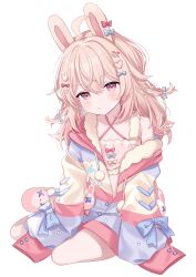 Rule 34 | 1girl, :&lt;, ahoge, animal ears, blonde hair, blue bow, blue bowtie, bow, bowtie, braid, chocola vt, choppy bangs, double-parted bangs, gradient hair, hair bow, hair ornament, highres, hood, hoodie, light blush, light frown, long hair, looking at viewer, midriff, multicolored hair, navel, off shoulder, oversized clothes, oversized shirt, phase connect, pink bow, pink bowtie, pink eyes, pink hair, pink tank top, pipkin pippa, rabbit ears, rabbit girl, shirt, sidelocks, sitting, sleeves past fingers, sleeves past wrists, slippers, tank top, twin braids, two-tone hair, virtual youtuber, white background, x x, yellow bow, yellow bowtie, yokozuwari