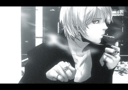 Rule 34 | 1boy, androgynous, bad id, bad pixiv id, cigarette, clenched hand, collarbone, earrings, iwamoto eiri, jewelry, letterboxed, lips, male focus, monochrome, necklace, original, photo background, red eyes, ring, short hair, smoke, smoking, solo, spot color
