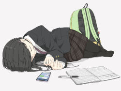 Rule 34 | 1girl, backpack, bag, black hair, black jacket, black pantyhose, blazer, brown skirt, cellphone, closed eyes, collared shirt, commentary request, diagonal-striped clothes, diagonal-striped necktie, diagonal-striped neckwear, full body, grey background, jacket, long hair, long sleeves, lying, mechanical pencil, necktie, no shoes, on side, original, pantyhose, pencil, phone, plaid, plaid skirt, pleated skirt, purple necktie, school uniform, shirt, skirt, sleeping, solo, striped clothes, striped necktie, striped neckwear, usui harusame, white shirt