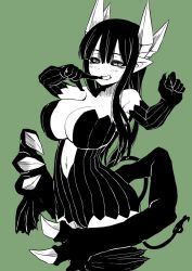 Rule 34 | arms behind back, bad id, bad twitter id, black hair, black sclera, breasts, cleavage, colored sclera, demon horns, demon wings, detached sleeves, finger to mouth, green background, highres, horns, large breasts, limited palette, long hair, merii (mazohaha), musuko ga kawaikute shikatanai mazoku no hahaoya, naughty face, smile, source request, tail, wings, zyugoya