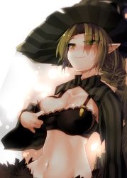 Rule 34 | 1girl, beatmania, beatmania iidx, bemani, blonde hair, blush, braid, breasts, cleavage, faula (beatmania), green eyes, hat, kazetto, long hair, looking at viewer, midriff, navel, pointy ears, smile, solo, sweat, witch hat