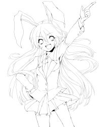 Rule 34 | 1girl, animal ears, blazer, female focus, greyscale, hand on own hip, highres, jacket, lineart, long hair, monochrome, necktie, open mouth, pleated skirt, pointing, pointing up, rabbit ears, raraoa (lalaoa), reisen udongein inaba, simple background, skirt, solo, touhou