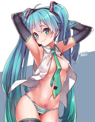 Rule 34 | 00s, 1girl, ahoge, aqua necktie, armpits, arms behind head, arms up, artist name, bare shoulders, between breasts, black thighhighs, blouse, blue eyes, blue hair, breasts, character name, closed mouth, collared shirt, covered erect nipples, cowboy shot, detached sleeves, furrowed brow, groin, hair ornament, hatsune miku, konnyaku (kk-monmon), lapels, long hair, long sleeves, looking at viewer, matching hair/eyes, medium breasts, navel, necktie, no bra, no pants, open clothes, open shirt, panties, pubic tattoo, shirt, skindentation, smile, solo, standing, stomach, striped clothes, striped panties, tattoo, thighhighs, twintails, underwear, very long hair, vocaloid, white shirt