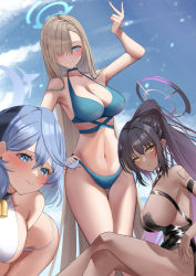 Rule 34 | 3:, 3girls, :/, absurdly long hair, absurdres, ako (blue archive), all fours, arm strap, arm tattoo, arm up, armpits, asuna (blue archive), bare arms, bare legs, bare shoulders, bell, bikini, black hair, black hairband, black leotard, blue archive, blue bikini, blue choker, blue eyes, blue hair, blue sky, blush, breasts, choker, cleavage, closed mouth, cloud, cross-laced clothes, crossed legs, dark-skinned female, dark skin, dutch angle, earrings, gradient hair, hair between eyes, hair over one eye, hairband, halo, halterneck, hand on own hip, high ponytail, highleg, highleg leotard, highres, jewelry, karin (blue archive), katagirinanoka, large breasts, legs together, leotard, light brown hair, long hair, looking at viewer, mole, mole on breast, multicolored hair, multiple girls, navel, neck bell, number tattoo, one eye covered, outdoors, ponytail, purple hair, sideboob, sidelocks, sitting, sky, smile, standing, stomach, straight hair, strapless, strapless leotard, stud earrings, swimsuit, tattoo, thigh gap, v, very long hair, white bikini, yellow eyes