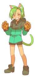 Rule 34 | 1girl, animal ear fluff, animal ears, asagi juukou, black footwear, black jacket, black shorts, brown eyes, brown gloves, cat ears, cat girl, cat tail, full body, gloves, green hair, green jacket, grin, hair ornament, hairclip, highres, hood, hood down, hooded jacket, jacket, long sleeves, looking at viewer, original, shoes, short shorts, shorts, simple background, smile, solo, standing, tail, thick eyebrows, white background