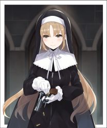 Rule 34 | 1girl, blonde hair, blush, capelet, closed mouth, commentary request, gloves, gun, habit, handgun, highres, kaguya (srx61800), long hair, looking at viewer, nijisanji, nun, reloading, revolver, sister claire, sister claire (1st costume), smile, solo, traditional nun, very long hair, virtual youtuber, weapon, white capelet, yellow eyes, zipper, zipper pull tab
