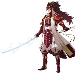 Rule 34 | 1boy, armor, brown hair, fire emblem, fire emblem fates, gloves, kozaki yuusuke, long hair, nintendo, official art, ryoma (fire emblem), simple background, sword, weapon