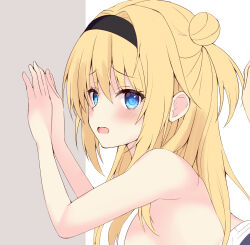 Rule 34 | 1girl, bare arms, bare shoulders, black hairband, blonde hair, blue eyes, blush, chitose sana, commentary request, eyelashes, eyes visible through hair, from side, frown, grey background, hair between eyes, hair bun, hair intakes, hairband, hand on wall, hands up, highres, long hair, looking at viewer, one side up, open mouth, out-of-frame censoring, paid reward available, purunyara, simple background, solo, tenshinranman, tsurime, upper body