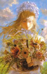 1girl basket blonde_hair blue_eyes bouquet cloud cloudy_sky day dress faux_traditional_media flower frilled_headwear highres holding holding_basket long_hair looking_at_viewer original outdoors seapall sky solo standing sunflower white_dress white_headdress wind