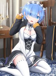 Rule 34 | 10s, 1girl, armchair, black skirt, blue eyes, blue hair, blurry, borrowed clothes, breasts, candle, chair, cleavage, cosplay, depth of field, detached sleeves, eyes visible through hair, frilled sleeves, frills, garter straps, goribote, hair ornament, hair over one eye, hands up, indoors, jacket, long sleeves, maid, maid headdress, medium breasts, natsuki subaru (cosplay), open clothes, open jacket, pink ribbon, purple ribbon, re:zero kara hajimeru isekai seikatsu, rem (re:zero), ribbon, ribbon-trimmed clothes, ribbon trim, short hair, skirt, sleeves past wrists, solo, thighhighs, track jacket, white thighhighs, x hair ornament