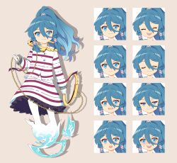 Rule 34 | 1girl, 4rion, absurdres, blue hair, chain, commentary request, cuffs, expressions, frilled skirt, frills, full body, ghost tail, grey background, hair ornament, hair tubes, handcuffs, highres, holding, holding handcuffs, long sleeves, medium hair, miyadeguchi mizuchi, ponytail, prison clothes, purple stripes, shackles, sharp teeth, shirt, sidelocks, skirt, skirt set, skull hair ornament, smile, standing, striped clothes, striped shirt, striped skirt, tachi-e, teeth, touhou, white shirt, white skirt