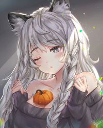 Rule 34 | 1girl, alternate costume, animal ear fluff, animal ears, arknights, bare shoulders, blush, braid, chinese commentary, collarbone, commentary request, grey background, grey eyes, grey sweater, hands up, head tilt, highres, humiaojun, leopard ears, light particles, long hair, long sleeves, off-shoulder sweater, off shoulder, one eye closed, parted lips, pramanix (arknights), pumpkin, signature, silver hair, sleeves past wrists, solo, sweater, twin braids, upper body