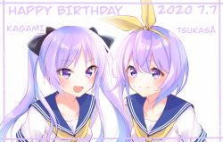 Rule 34 | 2girls, :d, absurdres, blue sailor collar, blush, character name, closed mouth, collarbone, commentary request, eyelashes, hairband, happy birthday, highres, hiiragi kagami, hiiragi tsukasa, inumoto, long hair, looking at viewer, lucky star, multiple girls, open mouth, purple eyes, purple hair, sailor collar, school uniform, serafuku, shirt, short sleeves, siblings, sisters, smile, tongue, white background, white shirt, yellow hairband