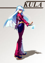 Rule 34 | 1girl, ass, belt, blue hair, cropped jacket, gloves, gradient background, highres, ice, ice crystal, kula diamond, l.k, long hair, looking at viewer, red eyes, smile, snk, solo, the king of fighters, walking