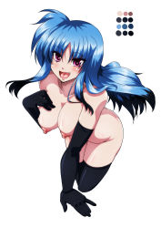 Rule 34 | 1girl, black gloves, black thighhighs, blue hair, blush, breasts, elbow gloves, fang, gloves, highres, long hair, lyrical nanoha, mahou shoujo lyrical nanoha a&#039;s, mahou shoujo lyrical nanoha a&#039;s portable: the battle of aces, levi the slasher, medium breasts, nipples, nude, open mouth, purple eyes, simple background, smile, solo, thighhighs, white background