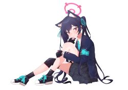 Rule 34 | 1girl, absurdres, animal ear fluff, animal ears, aqua armband, aqua necktie, aqua ribbon, black footwear, black gloves, black socks, blue archive, blue jacket, cat ears, closed mouth, collared shirt, commentary request, gloves, hair ribbon, halo, hand up, highres, jacket, knee up, looking at viewer, nakare2845, necktie, pink halo, plaid, plaid skirt, pleated skirt, red eyes, ribbon, serika (blue archive), shirt, shoes, sitting, skirt, socks, solo, transparent background, twintails, white shirt