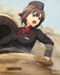 Rule 34 | 10s, 1girl, arm support, black hat, black jacket, brown eyes, brown hair, commentary request, dress shirt, dust cloud, garrison cap, girls und panzer, haniwa (leaf garden), hat, highres, jacket, kuromorimine military uniform, long sleeves, looking to the side, military, military hat, military uniform, nishizumi maho, outdoors, red shirt, shirt, short hair, sky, smoke, solo, tank cupola, throat microphone, uniform, v-shaped eyebrows
