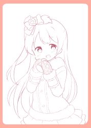 Rule 34 | 10s, 1girl, :d, border, bow, coat, cup, female focus, flower, fur trim, hair bow, hair flower, hair ornament, holding, holding cup, limited palette, long hair, looking at viewer, love live!, love live! school idol project, minami kotori, mittens, monochrome, one side up, open mouth, pink border, saku usako (rabbit), simple background, skirt, smile, solo, spot color