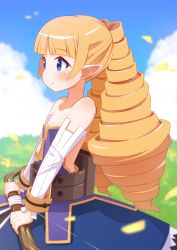 Rule 34 | 1girl, absurdres, archer (disgaea), arm warmers, bare shoulders, belt, blonde hair, blue dress, blue eyes, bow (weapon), closed mouth, cowboy shot, disgaea, dress, drill hair, expressionless, flat chest, highres, holding, holding bow (weapon), holding weapon, long hair, looking away, petals, pointy ears, solo, twin drills, weapon, white sleeves, yuya090602