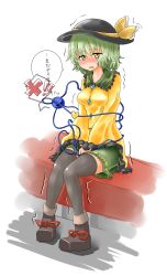 Rule 34 | 1girl, artist request, between legs, black footwear, black hat, black thighhighs, blush, bow, breasts, female focus, frills, full body, green hair, green skirt, half-closed eyes, hand between legs, hat, have to pee, heart, highres, knees together feet apart, komeiji koishi, long sleeves, looking at viewer, medium breasts, open mouth, own hands together, shirt, shoes, short hair, simple background, sitting, skirt, solo, tears, text focus, thighhighs, third eye, touhou, translation request, trembling, v arms, white background, yellow bow, yellow eyes, yellow shirt, zettai ryouiki