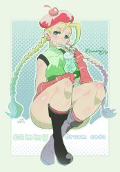 Rule 34 | 1girl, blonde hair, blue eyes, boots, breasts, cammy white, eating, food, hay, highres, ice cream, large breasts, leotard, long hair, sitting, sleeveless, street fighter, yumecan2