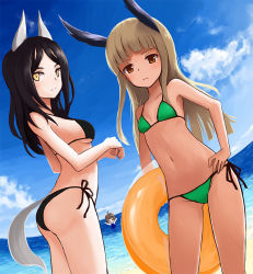 Rule 34 | 3girls, ahoge, animal ears, ass, bad id, bad pixiv id, beach, bikini, black bikini, black hair, blonde hair, blue one-piece swimsuit, blunt bangs, breasts, brown hair, catocala, cloud, constantia cantacuzino, cowboy shot, day, dutch angle, extra ears, from side, green bikini, grete m. gollob, hand on own hip, head wings, innertube, inufusa yuno, long hair, looking at viewer, midriff, multiple girls, navel, ocean, one-piece swimsuit, outdoors, side-tie bikini bottom, sky, small breasts, standing, strike witches, swim ring, swimsuit, tail, thighs, water, wings, world witches series, yellow eyes