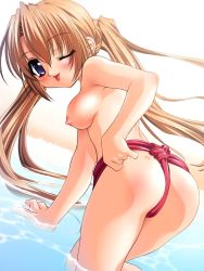 Rule 34 | 1girl, ass, beach, bent over, blue eyes, blush, breasts, brown hair, from behind, fundoshi, japanese clothes, kneeling, long hair, looking at viewer, looking back, medium breasts, misty isle (yoji sorimura), nipples, ocean, one eye closed, partially submerged, red fundoshi, sand, smile, sorimura youji, tongue, tongue out, topless, twintails, water, wink
