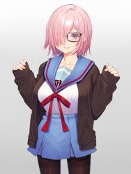 Rule 34 | 1girl, alternate costume, belt, black pantyhose, blue belt, blue skirt, blush, breasts, brown jacket, collarbone, commentary request, eyes visible through hair, fate/grand order, fate (series), glasses, grey background, hair over one eye, jacket, large breasts, light purple hair, long sleeves, looking at viewer, mash kyrielight, mikan (chipstar182), pantyhose, parted lips, purple eyes, red ribbon, ribbon, shirt, short hair, simple background, skirt, smile, solo, teeth, white shirt