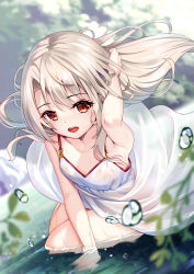 Rule 34 | 1girl, arm support, bare arms, blonde hair, blurry, brown eyes, collarbone, commentary request, day, dress, eyelashes, fate/kaleid liner prisma illya, fate (series), floating hair, hand up, highres, illyasviel von einzbern, leaf, long hair, looking at viewer, open mouth, outdoors, smile, solo, teeth, tongue, upper teeth only, water, water drop, wet, wet clothes, wet dress, white dress, yan (nicknikg)