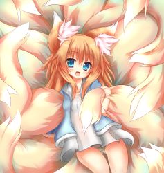 Rule 34 | 1girl, absurdres, animal ear fluff, animal ears, blue eyes, blue jacket, brown hair, dress, fox ears, fox tail, highres, holding, holding with tail, huge filesize, jacket, komuginyan, long hair, multiple tails, open mouth, original, panties, prehensile tail, short dress, smile, solo, striped clothes, striped panties, tail, thigh gap, underwear, white dress