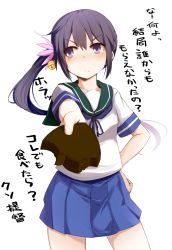Rule 34 | 10s, 1girl, akebono (kancolle), bell, black hair, blush, candy, chocolate, chocolate heart, flower, food, food bite, hair bell, hair flower, hair ornament, hand on own hip, heart, highres, jingle bell, kantai collection, long hair, looking away, momo (higanbana and girl), ponytail, purple eyes, side ponytail, solo, translated, tsundere