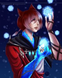Rule 34 | animal ears, cat boy, cat ears, crystal, crystal exarch, fadeddreamss, final fantasy, final fantasy xiv, g&#039;raha tia, highres, long hair, looking up, male focus, material growth, miqo&#039;te, open mouth, red eyes, red hair, robe, self-upload, slit pupils, solo, spoilers