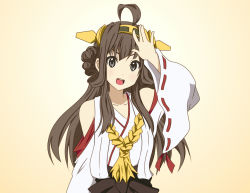 Rule 34 | 1girl, ahoge, black eyes, braid, brown hair, detached sleeves, double-master, hairband, japanese clothes, k-on!, kantai collection, kongou (kancolle), long hair, looking at viewer, open mouth, parody, round teeth, solo, style parody, teeth