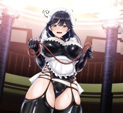 Rule 34 | 1girl, absurdres, ahoge, alternate costume, apron, black gloves, black hair, black panties, black thighhighs, breasts, brown eyes, cowboy shot, elbow gloves, enmaided, frilled apron, frills, garter straps, gloves, highres, holding, holding whip, kantai collection, large breasts, latex, long hair, maid, maid apron, maid headdress, panties, solo, standing, thighhighs, tk8d32, underwear, ushio (kancolle), waist apron, white apron