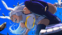 Rule 34 | 1girl, absurdres, animal ear fluff, animal ears, animal feet, backlighting, blue background, blue sky, blue thighhighs, blurry, boku no hero academia, breasts, chromatic aberration, constricted pupils, convenient leg, crescent print, dark-skinned female, dark skin, depth of field, excited, forehead, fur-trimmed collar, fur trim, gloves, gradient hair, grin, ground shatter, highres, landing, large breasts, leotard, long eyelashes, long hair, looking afar, mirko, multicolored hair, muscular, muscular female, open mouth, parted bangs, rabbit ears, rabbit tail, rock, segawa ryuu, sidelocks, simple background, sky, smile, solo, superhero costume, superhero landing, tail, thighhighs, thighs, toned, vector trace, very long hair, white gloves, white leotard, wind, yellow eyes