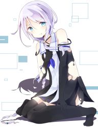 Rule 34 | &gt;:|, 10s, 1girl, :|, angry, bare shoulders, black gloves, black skirt, black thighhighs, blue eyes, blue neckerchief, braid, closed mouth, collared shirt, elbow gloves, gloves, highres, kantai collection, long hair, looking at viewer, neckerchief, parted bangs, pleated skirt, sanasanayukikuni, school uniform, serafuku, shirt, silver hair, simple background, single braid, sitting, skirt, sleeveless, sleeveless shirt, solo, thighhighs, torn clothes, umikaze (kancolle), v-shaped eyebrows, very long hair, wariza