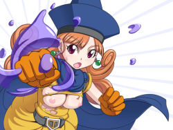 Rule 34 | 1girl, alena (dq4), breasts, cape, caryo, chunsoft, dragon quest, dragon quest iv, enix, gloves, hat, nanashino, nipples, red eyes, red hair, skirt, slime (dragon quest), slime (substance), solo, sweatdrop, torn clothes, yellow skirt
