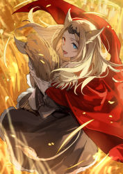 Rule 34 | 1girl, animal ears, archetto (arknights), arknights, black dress, black headwear, blonde hair, blue eyes, cape, commentary, day, dress, epaulettes, from above, from behind, gui mi, heterochromia, long hair, looking at viewer, looking back, open mouth, outdoors, red cape, red eyes, smile, solo, tiara, wheat, wheat bundle, wheat field, wind