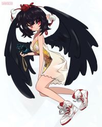 Rule 34 | 1girl, artist name, black hair, black wings, breasts, camera, cleavage, commentary, dress, full body, hat, high tops, highres, holding, holding camera, medium breasts, medium hair, onionsketch, pointy ears, red eyes, shameimaru aya, shoes, sneakers, solo, tokin hat, touhou, white background, white footwear, wings