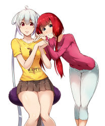 Rule 34 | 2girls, alternate costume, blouse, blue eyes, clariskrays, contemporary, hair between eyes, highres, leaning forward, long sleeves, matoi (pso2), miniskirt, multiple girls, own hands together, pants, phantasy star, phantasy star online 2, rappy, red eyes, red hair, shirt, sitting, skirt, standing, t-shirt, tokiwa mmm, twintails, white hair