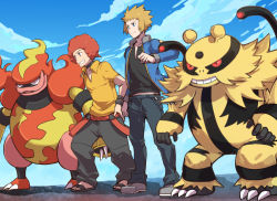 Rule 34 | 2boys, afro, baggy pants, black shirt, blonde hair, blue eyes, blue jacket, closed mouth, cloud, collared shirt, commentary, creatures (company), electivire, elite four, flint (pokemon), game freak, gen 4 pokemon, grey eyes, grey footwear, gym leader, hand on own hip, hand up, jacket, long sleeves, magmortar, male focus, multiple boys, nintendo, open clothes, open jacket, outdoors, pants, pokemon, pokemon (creature), pokemon dppt, red hair, sandals, shirt, shoes, short sleeves, sky, smile, spiked hair, standing, symbol-only commentary, teeth, tsukumo (shiro bnal), volkner (pokemon)