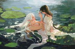 Rule 34 | 1boy, 1girl, black hair, blush, dress, facial mark, highres, inuyasha, lake, lily pad, long hair, looking at another, merman, mmmilk, monster boy, playing with another&#039;s hair, pointy ears, rin (inuyasha), sesshoumaru, topless male, very long hair, white dress, white hair