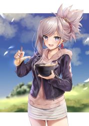Rule 34 | 1girl, blush, bowl, chopsticks, cloud, collarbone, cowboy shot, day, earrings, fate/grand order, fate (series), food, hane yuki, highres, holding, holding bowl, holding food, jacket, jewelry, long sleeves, looking at viewer, miyamoto musashi (fate), miyamoto musashi (under the same sky) (fate), open mouth, outdoors, ponytail, sky, solo, standing
