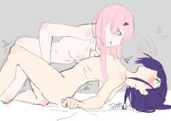 Rule 34 | 2girls, absurdres, arched back, ass, bare shoulders, blush, breasts, darling in the franxx, eyeshadow, female orgasm, femdom, fingering, green eyes, hairband, hand on shoulder, head back, highres, horns, ichigo (darling in the franxx), looking at another, makeup, medium breasts, missionary, multiple girls, nipples, nude, oni horns, open mouth, orgasm, pink hair, purple hair, red horns, short hair, small breasts, spread legs, straight hair, thighs, tittu, trembling, white hairband, yuri, zero two (darling in the franxx)