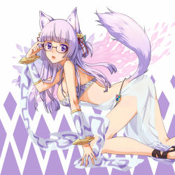 Rule 34 | 1girl, adjusting eyewear, all fours, argyle, argyle background, argyle clothes, argyle dress, ass, bangle, blunt bangs, blush, bracelet, breasts, closed mouth, commentary request, detached sleeves, dress, feet out of frame, glasses, jewelry, kawagoe pochi, large breasts, light purple hair, long hair, looking at viewer, looking to the side, purple eyes, ragnarok online, sandals, see-through, see-through dress, sleeveless, sleeveless dress, solo, sorcerer (ragnarok online), white background, white dress, white sleeves